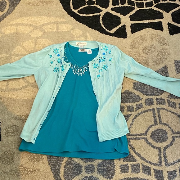 Turquoise bedazzled tank top w/ baby blue cardigan - Picture 2 of 3